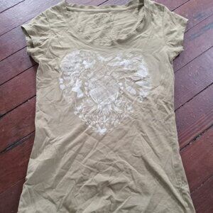 Stranded brand tee, olive green, eco-print. Juniors Sz L